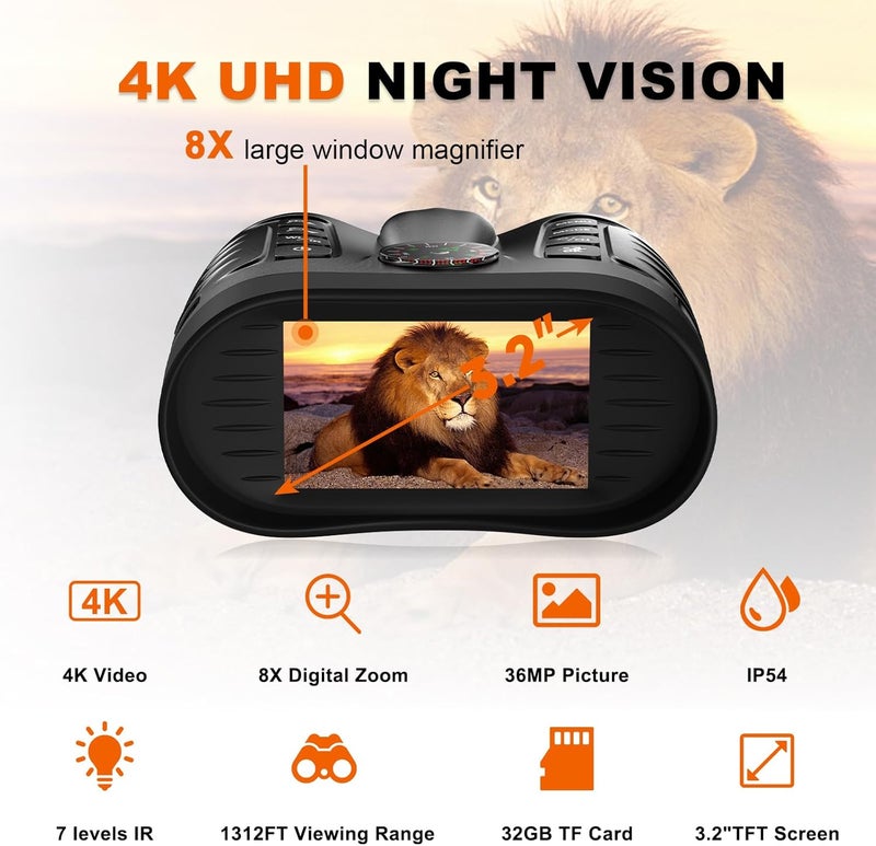 Rumyums Night Vision Goggles, 4K Night Vision Binoculars with 1314FT Viewing Range, Infrared Illuminator, Photo & 4K Video Recording, 3.2" HD Screen & 32GB Card for Hunting, Wildlife Observation, Security - Image 2